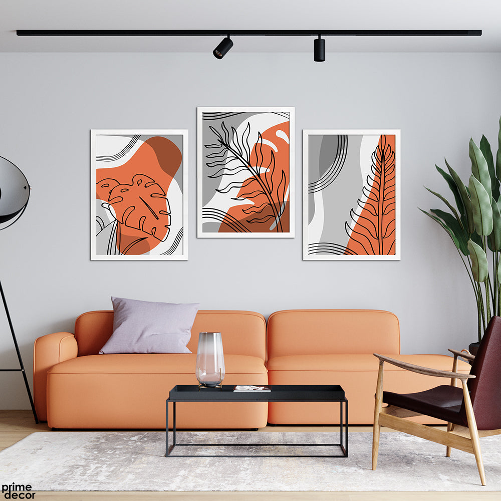 Sunrise Orange Blobs With Tropical Leaves Line Art (3 Panel) Nordic Wall Art - Prime Décor