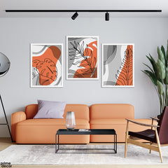 Sunrise Orange Blobs With Tropical Leaves Line Art (3 Panel) Nordic Wall Art - Prime Décor