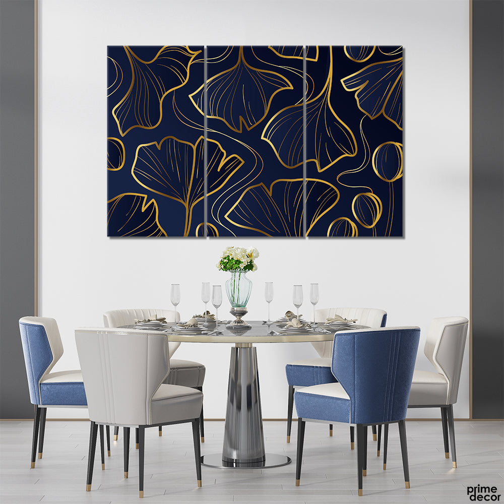 Midnight Blue & Sheen Gold Gradient Leaves (3 Panel) Abstract Wall Art - Prime Décor