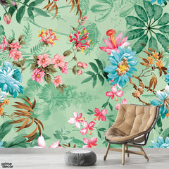 Vibrant Spring Florals & Tropical Foliage With Light Green Background | Floral Wallpaper Mural