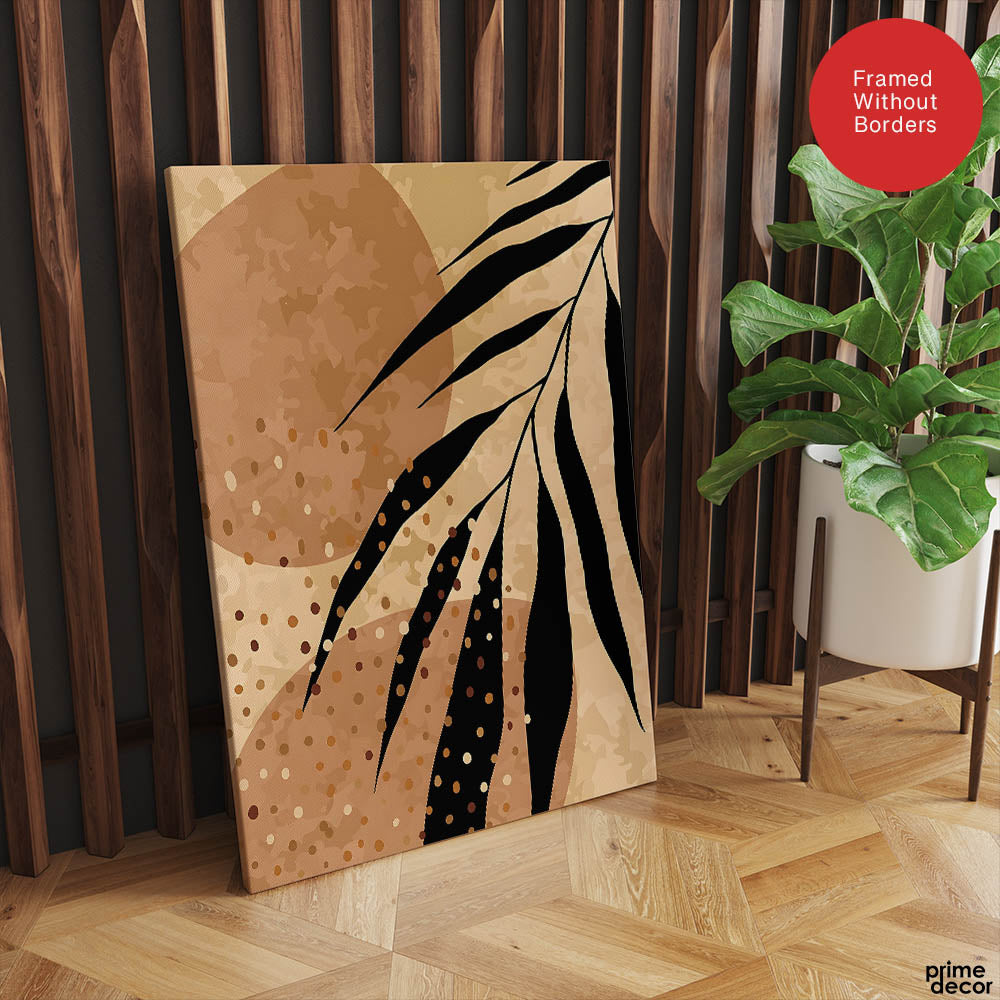 Black Tropical Leaves On Brown & Beige Background | Abstract Floral Artwork #0039 - Prime Décor