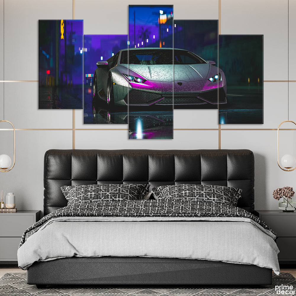 Beautiful Car On Road In A Rainy Night (5 Panel) Car Wall Art - Prime Décor