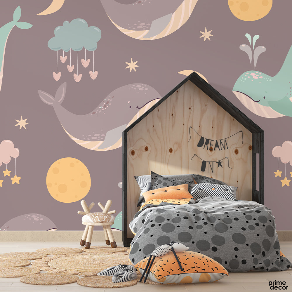 Beautiful Breen & Brown Whale In The Sea | Kids Room Wallpaper Mural - Prime Décor