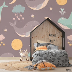 Beautiful Breen & Brown Whale In The Sea | Kids Room Wallpaper Mural - Prime Décor