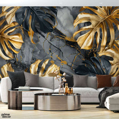 Black & Gold Exotic Leaves Over Marble Style Background | Floral Wallpaper Mural