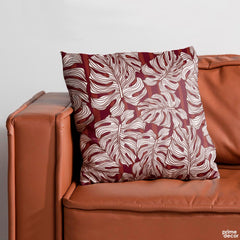 Black & White Leaves Over Maroon Background | Floral Cushion #403