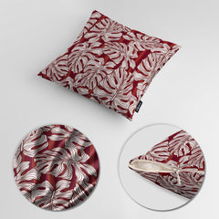 Black & White Leaves Over Maroon Background | Floral Cushion #403