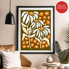 White & Gold Floral Abstract Art Over Green Background | Abstract Floral Artwork #00408 - Prime Décor