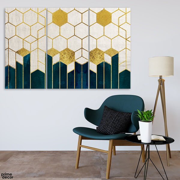 Beige Hexagonal Cube & Teal Green Background Artwork (3 Panel) Abstract Wall Art