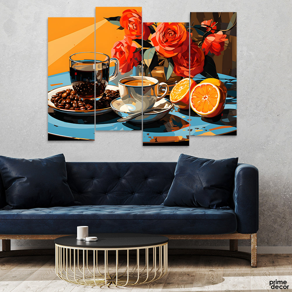 Beautiful Coffee Cup With Sack Of Beans On The Table (4 Panel) Food Wall Art - Prime Décor