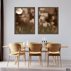 Pine Forest & Harvest Moon Abstract (2 Panel) Modern Nature Wall Art
