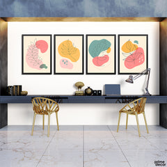 Pastel Blobs With Tropical Leaves Line Art (4 Panel) Nordic Wall Art - Prime Décor
