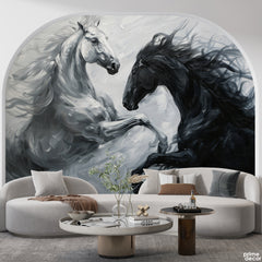 Abstract Black & White Fighting Horses Artwork | Animal Wallpaper Mural