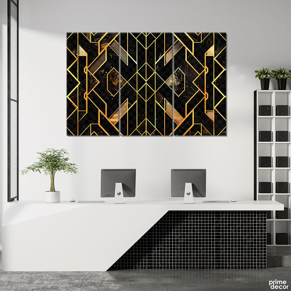 Onyx Black & Derby Gold Abstract Gradient Geometric Lines (3 Panel) Abstract Wall Art - Prime Décor