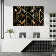 Onyx Black & Derby Gold Abstract Gradient Geometric Lines (3 Panel) Abstract Wall Art - Prime Décor
