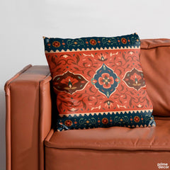 Abstract Mughal Style Artwork Over Blue & Red Background | Floral Cushion #412
