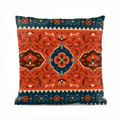 Abstract Mughal Style Artwork Over Blue & Red Background | Floral Cushion #412