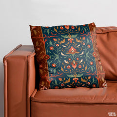 Abstract Mughal Style Artwork Over Blue & Maroon Background | Floral Cushion #413