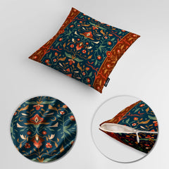 Abstract Mughal Style Artwork Over Blue & Maroon Background | Floral Cushion #413