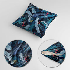 Green Exotic Leaves Over Black Background | Floral Cushion #415