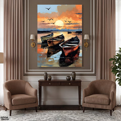 Sunset Harbor Rowboats Impasto Style (Single Panel) Digital Painting Wall Art