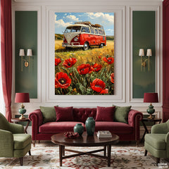Vintage Red Camper Van in Poppy Field (Single Panel) Digital Painting Wall Art