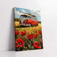 Vintage Red Camper Van in Poppy Field (Single Panel) Digital Painting Wall Art