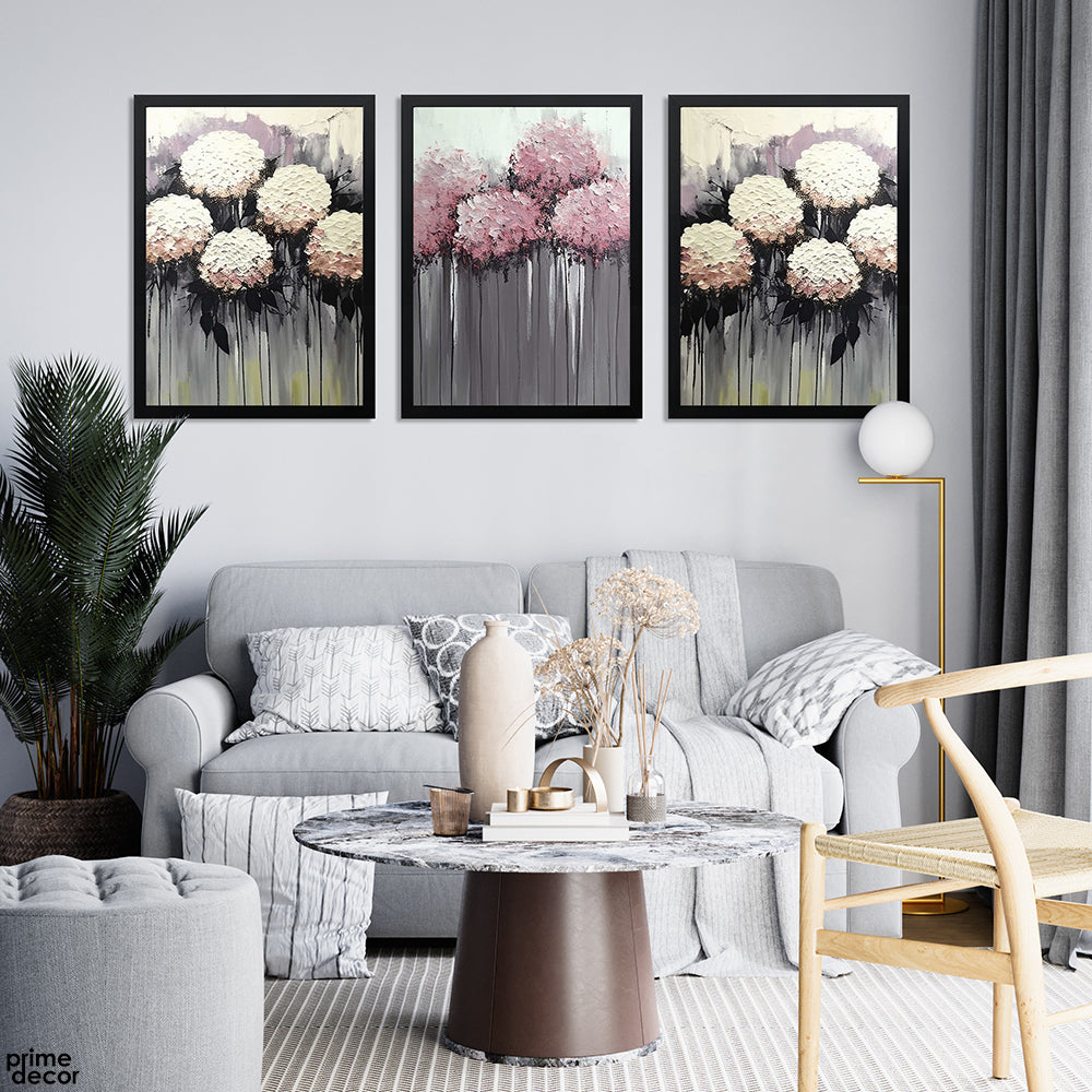 Pink & Eggshell Abstract Flowers Acrylic Painting Style (3 Panel) Abstract Wall Art - Prime Décor
