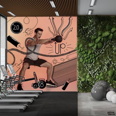 Man Lifting Gym Weights With Handdrawn Style Background | Gym Wallpaper Mural - Prime Décor