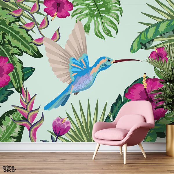 Beautiful Artwork Of A Bird Surrounded With Colorful Flowers | Nature Wallpaper Mural