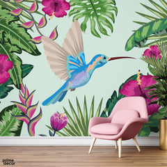 Beautiful Artwork Of A Bird Surrounded With Colorful Flowers | Nature Wallpaper Mural