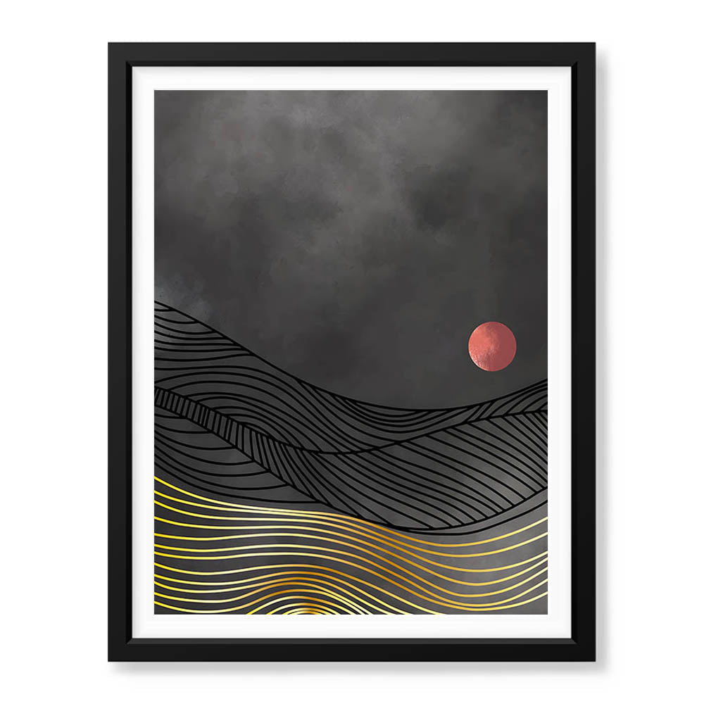 Black & Gold Line Waves With Orange Moon | Abstract Office Artwork #0041 - Prime Décor