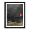 Black & Gold Line Waves With Orange Moon | Abstract Office Artwork #0041