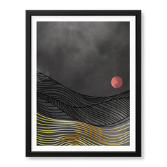 Black & Gold Line Waves With Orange Moon | Abstract Office Artwork #0041 - Prime Décor