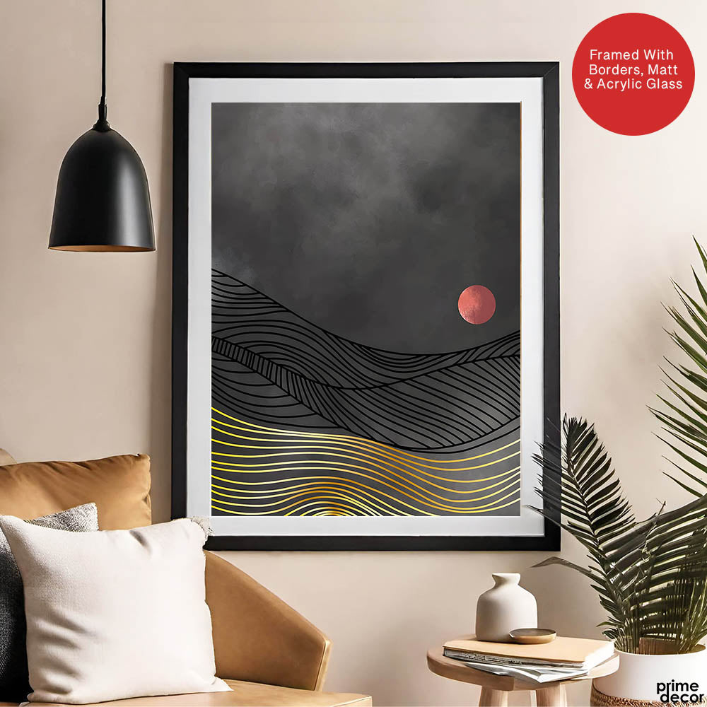 Black & Gold Line Waves With Orange Moon | Abstract Office Artwork #0041 - Prime Décor