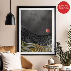Black & Gold Line Waves With Orange Moon | Abstract Office Artwork #0041 - Prime Décor