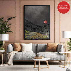 Black & Gold Line Waves With Orange Moon | Abstract Office Artwork #0041 - Prime Décor