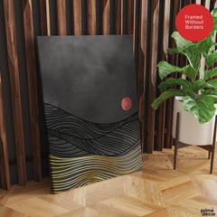 Black & Gold Line Waves With Orange Moon | Abstract Office Artwork #0041 - Prime Décor