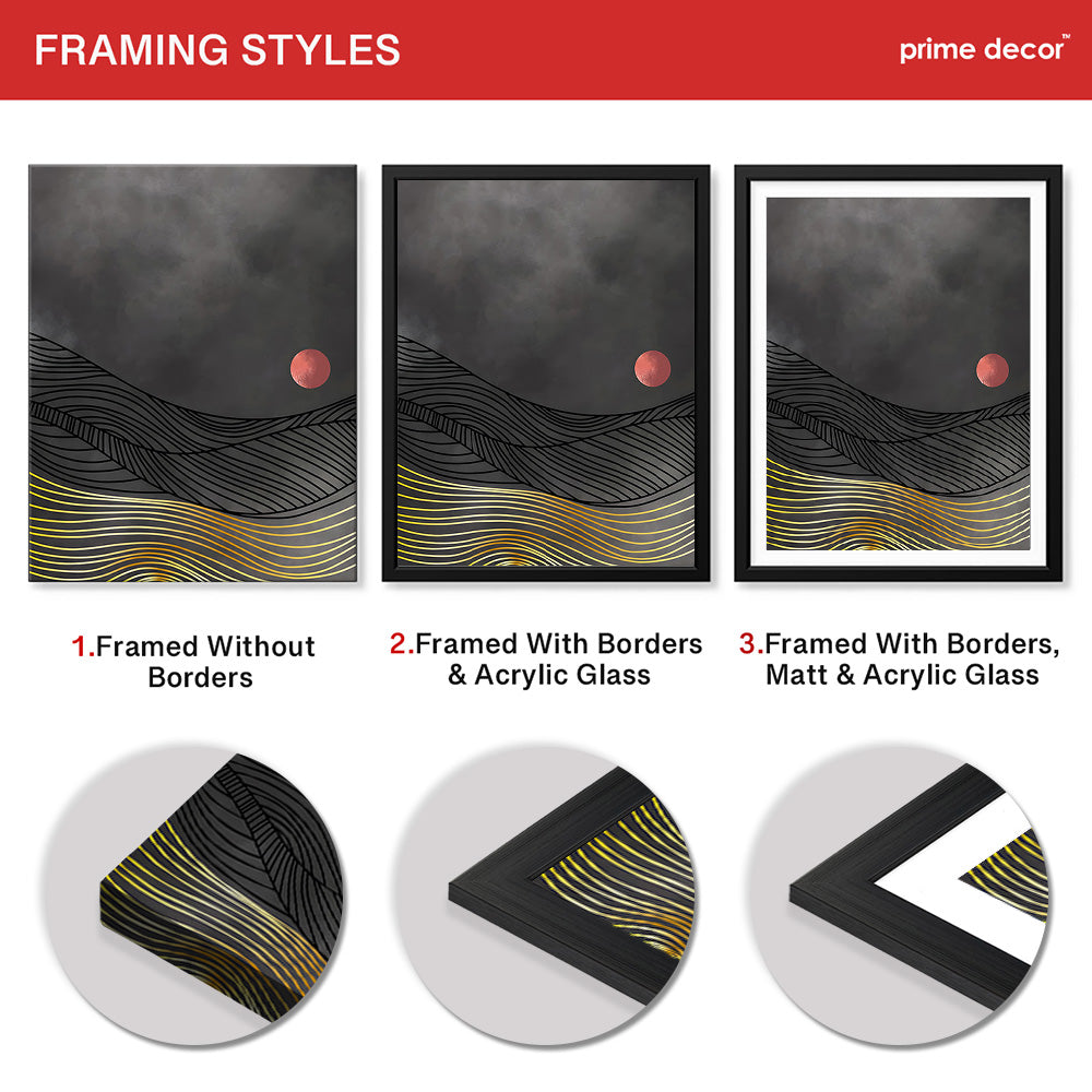 Black & Gold Line Waves With Orange Moon | Abstract Office Artwork #0041 - Prime Décor