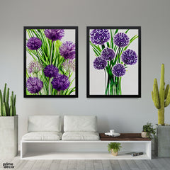 Abstract Purple Flowers With Green Exotic Leaves (2 Panel) Floral Wall Art
