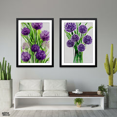 Abstract Purple Flowers With Green Exotic Leaves (2 Panel) Floral Wall Art