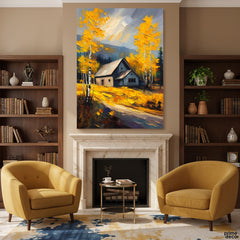 Rustic Mountain Cottage with Yellow Birch Trees (Single Panel) Digital Painting Wall Art
