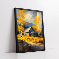Rustic Mountain Cottage with Yellow Birch Trees (Single Panel) Digital Painting Wall Art