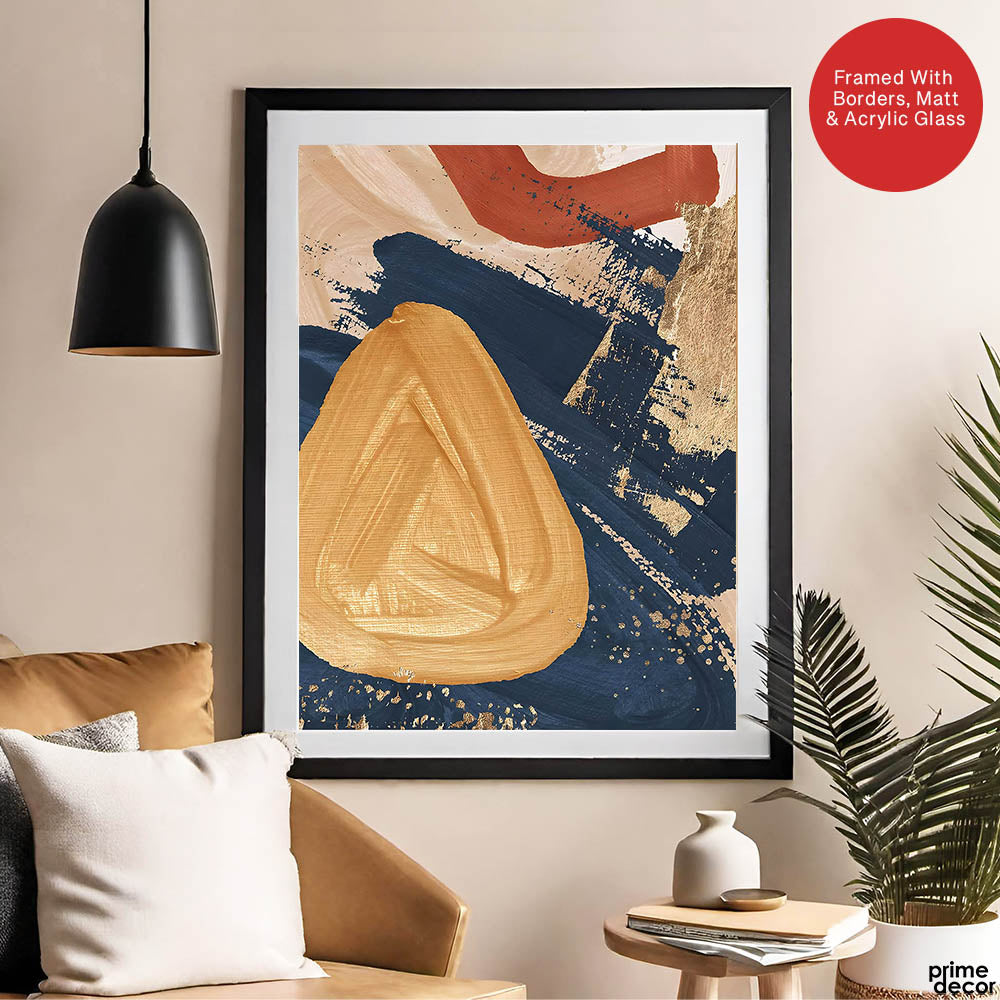 Blue & Gold Abstract Art Over Beige Background | Abstract Office Artwork #00427 - Prime Décor