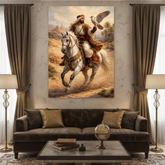 Majestic Bedouin Rider on White Horse with Falcon (Single Panel) Digital Painting Wall Art
