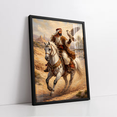 Majestic Bedouin Rider on White Horse with Falcon (Single Panel) Digital Painting Wall Art