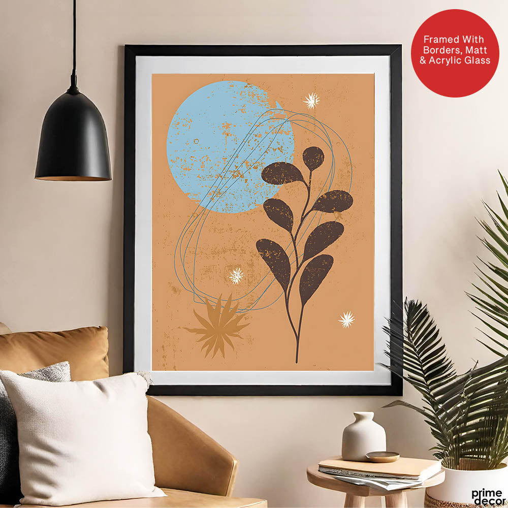 Brown & Blue Abstract Floral Art Over Beige Background | Abstract Floral Artwork #00429 - Prime Décor