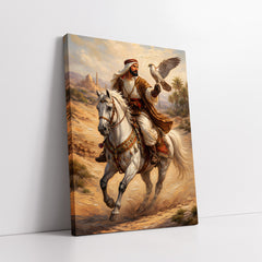 Majestic Bedouin Rider on White Horse with Falcon (Single Panel) Digital Painting Wall Art