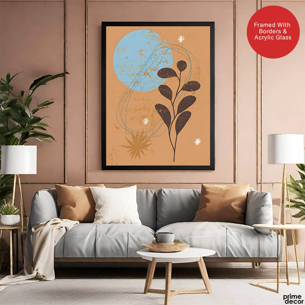Brown & Blue Abstract Floral Art Over Beige Background | Abstract Floral Artwork #00429 - Prime Décor