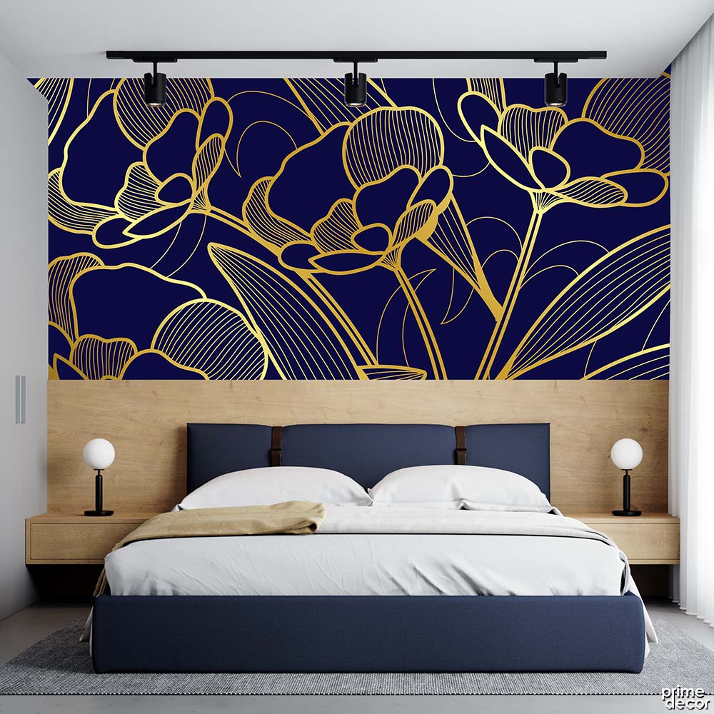 Deep Blue & Gold Gradient Linear Flowers | Floral Wallpaper Mural - Prime Décor